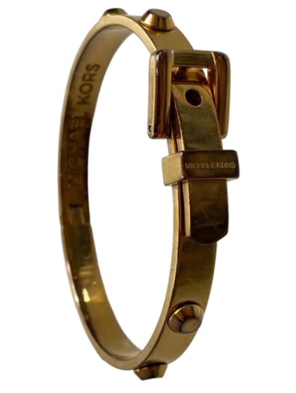 ✨️Authentic Michael Kors Gold Tone Buckle Belt Stud Latching Bangle Bracelet GUC